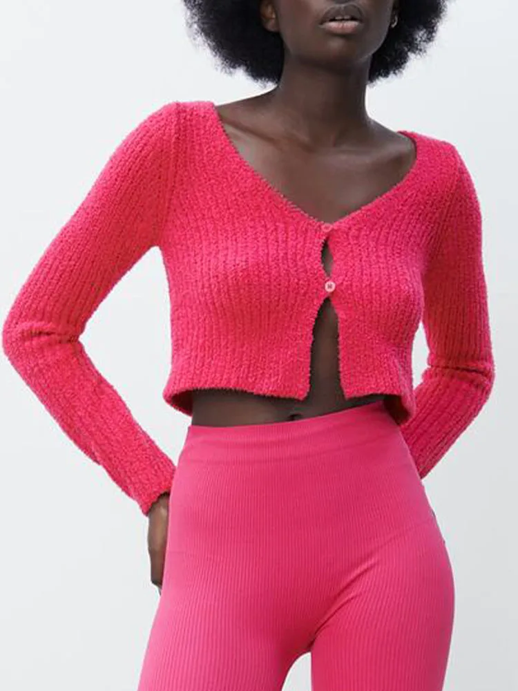 Женская трикотажная кофта с длинным рукавом и V-образным вырезом |