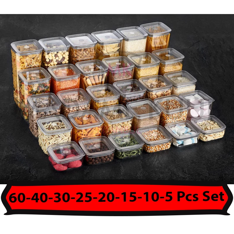 60-40-30-25-20-15-10-5 Pcs Sude Kitchen Food Storage Box Container Set Square Organizer Vacuumed Lid Airtight Transparent Jar | Дом и сад