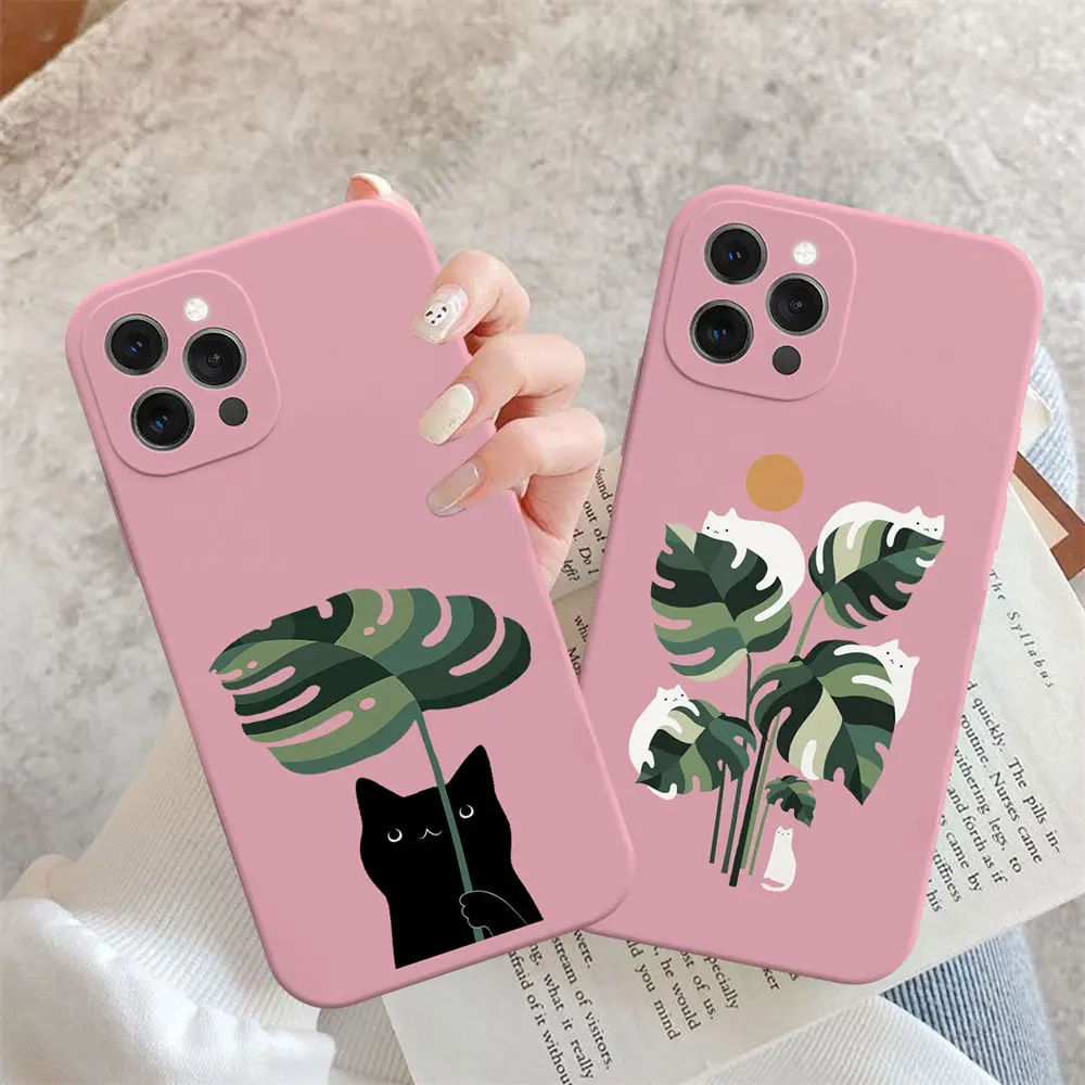Мягкий силиконовый чехол с изображением кошки и растения для iphone 11 12 13 Pro Mini X XS Max XR