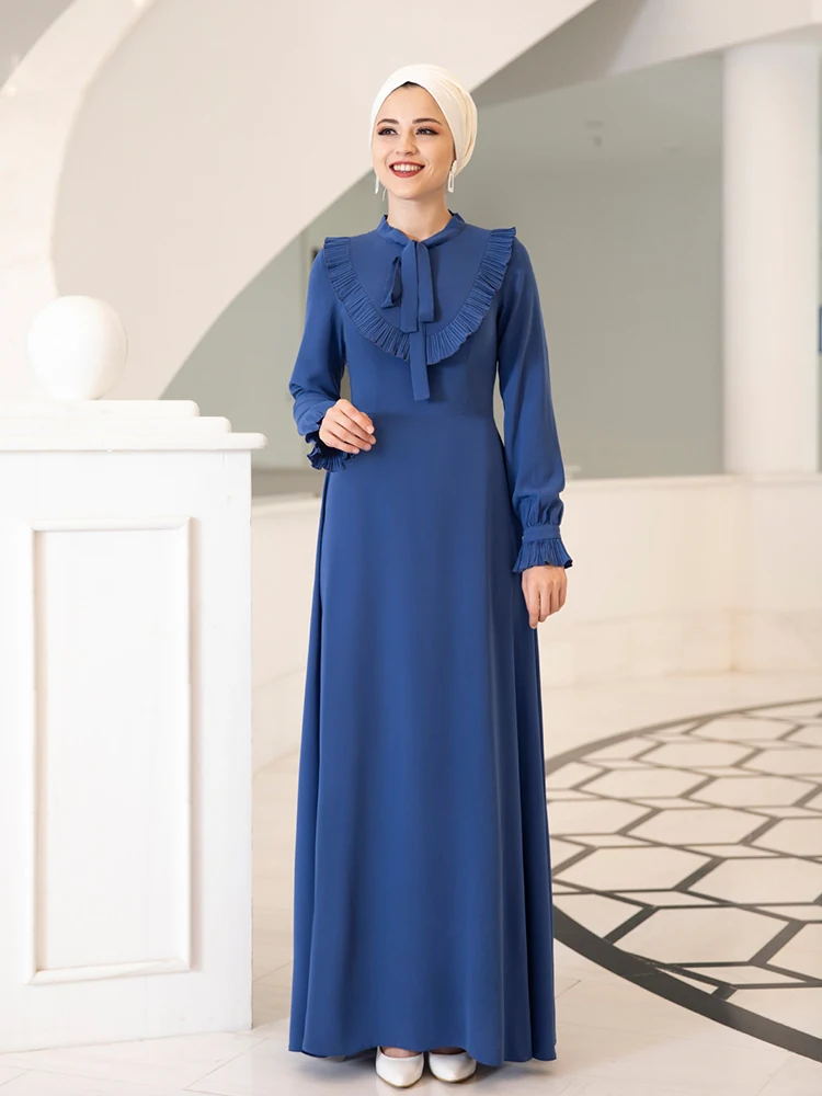 Длинное женское платье-хиджаб с воротником-бантом мусульманская одежда