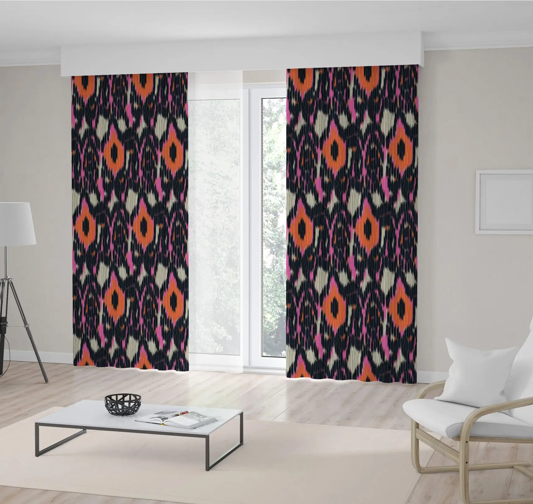 

Curtain Ikat Pattern in Orange Pink Black Textile Design Vintage Style Home Decorating