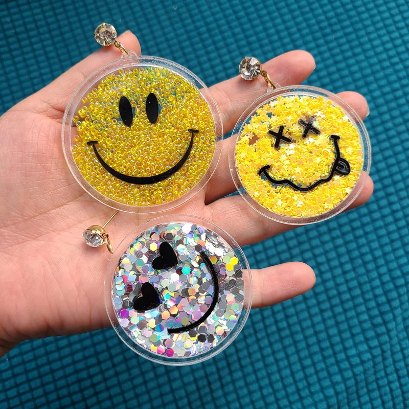 

Acrylic Smiling face Earrings with Glitter Sequins inside Charming Statement Woman's Jewelry for Party