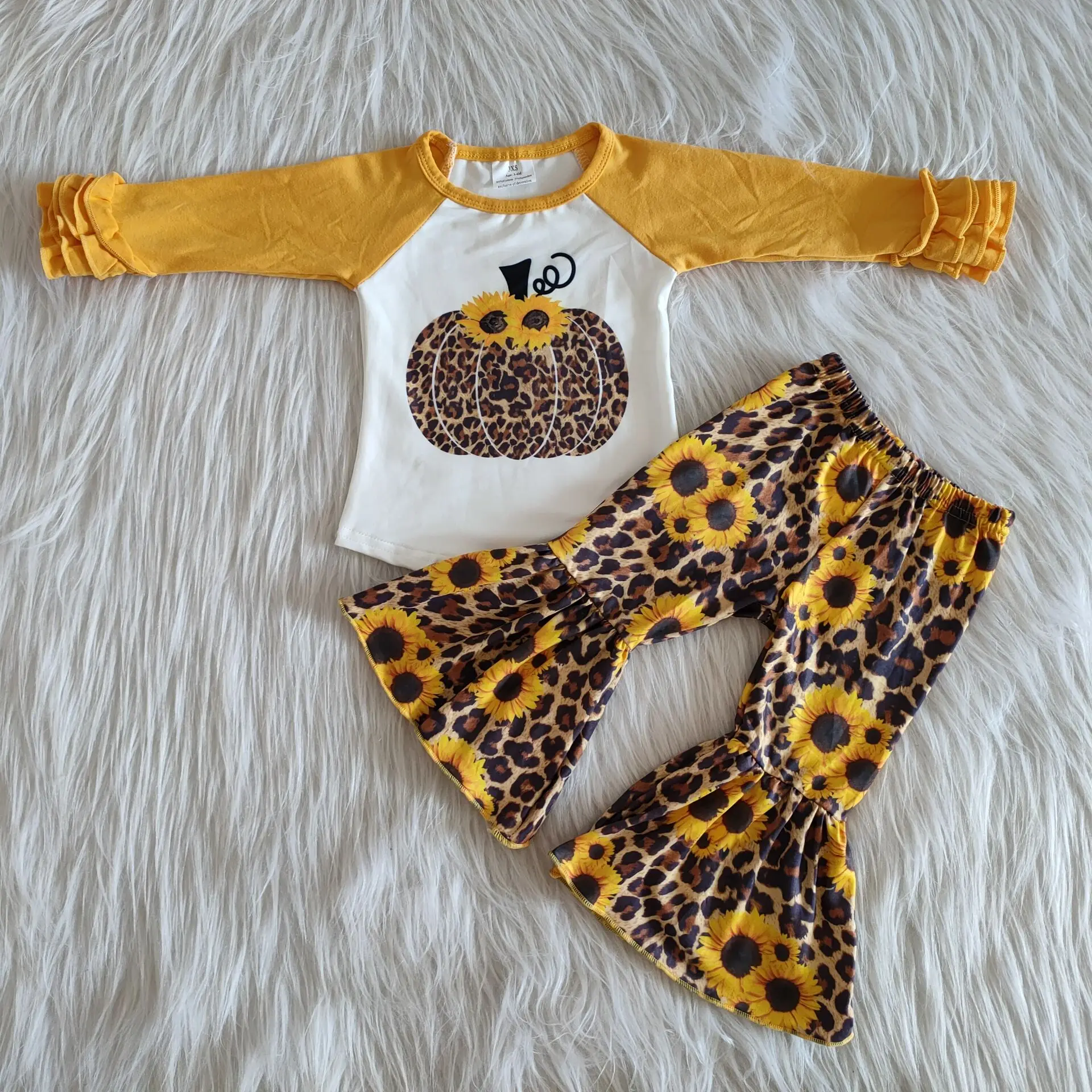 

New Baby Toddler Baby Girls Clothes Pumpkin Yellow Long Sleeve with Sunflowers Print Pants for Teens Kids Wear Hallowmas Day