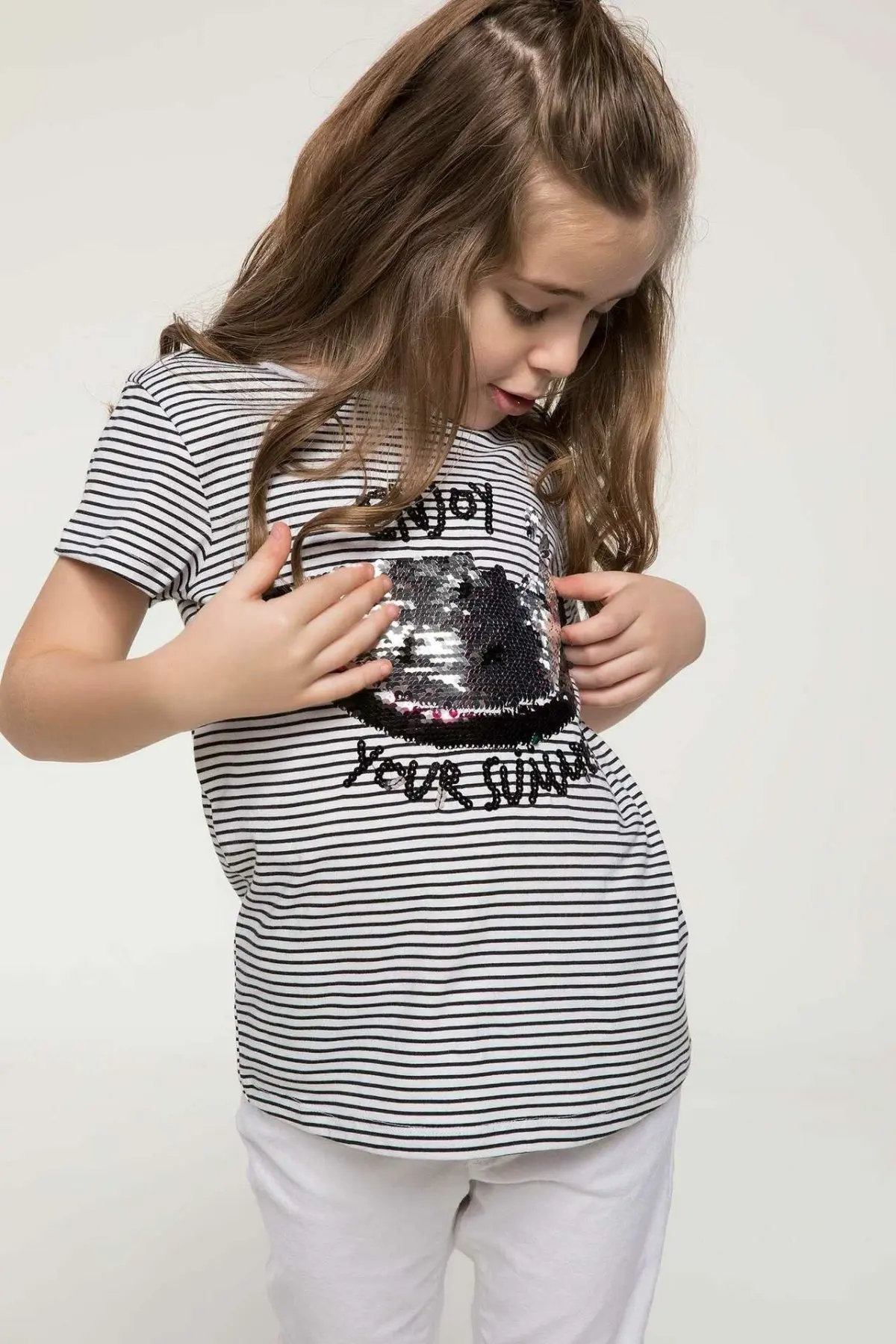 DeFacto Girl Summer Sequins Top Tees Girls Casual Striped T-Shirts Kids White Black Striped Short Sleeve Body Tees-J3925A618HS