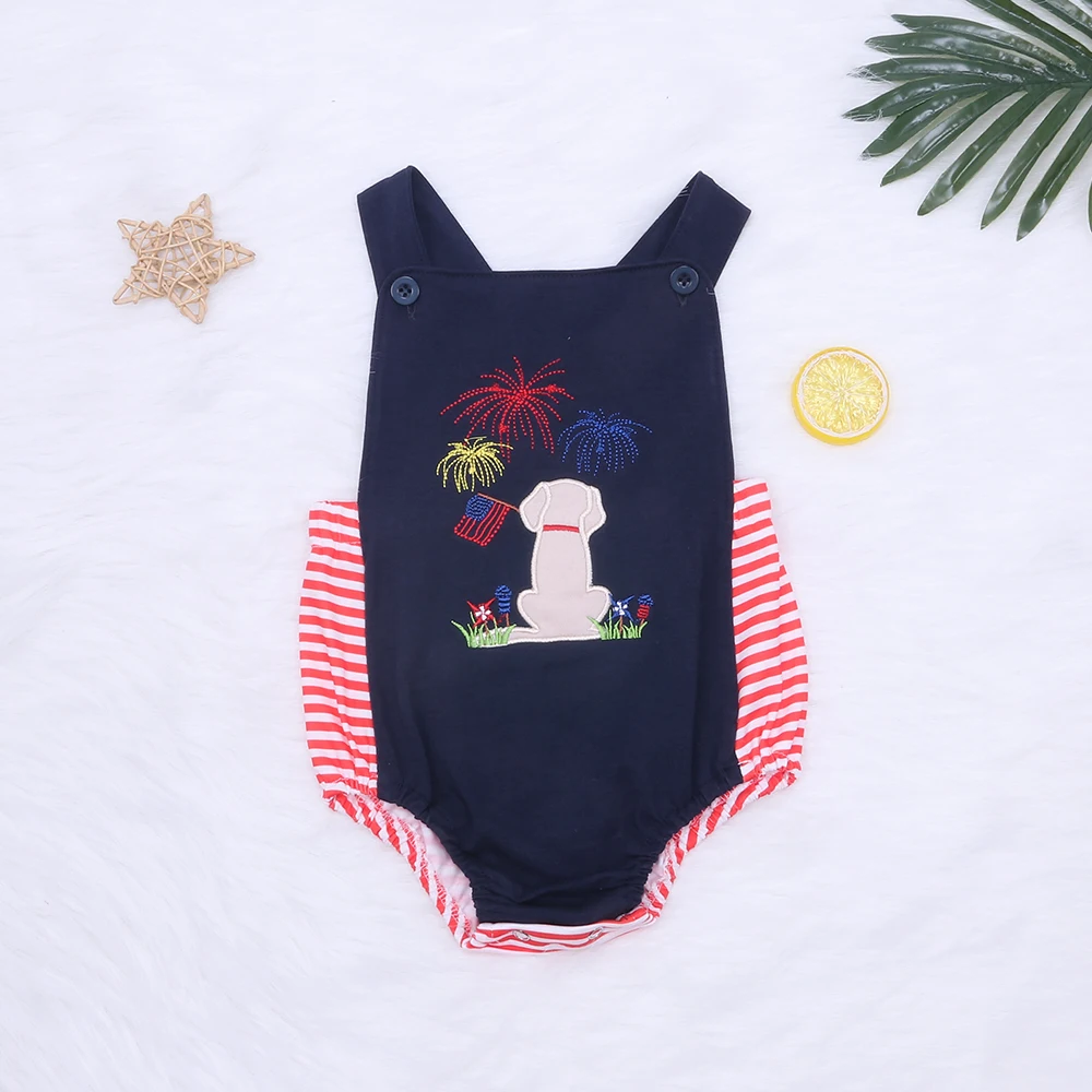 

New Arrival Baby Boys One-Piece Clothes Fashion Navy Blue Dog Fireworks Strap Jumpsuit 0-3T Newborn Toddler Snap Closure Romper