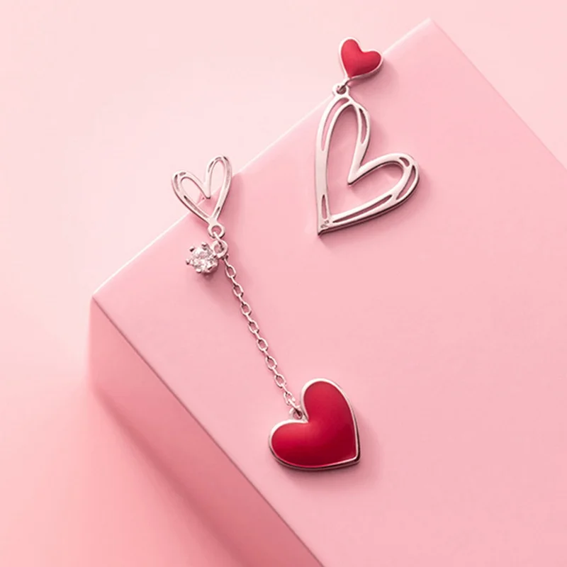 

Korean Asymmetric Red Heart Stud Earrings For Women Temperament Hollow Heart Long Tassel Earring Girls Party Jewelry Gifts