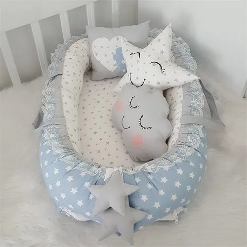 Jaju Baby Handmade, Blue Starry Pattern Design Luxury Orthopedic Babynest 4 Pieces Set Mother Side Portable Baby Bed Bedding Set