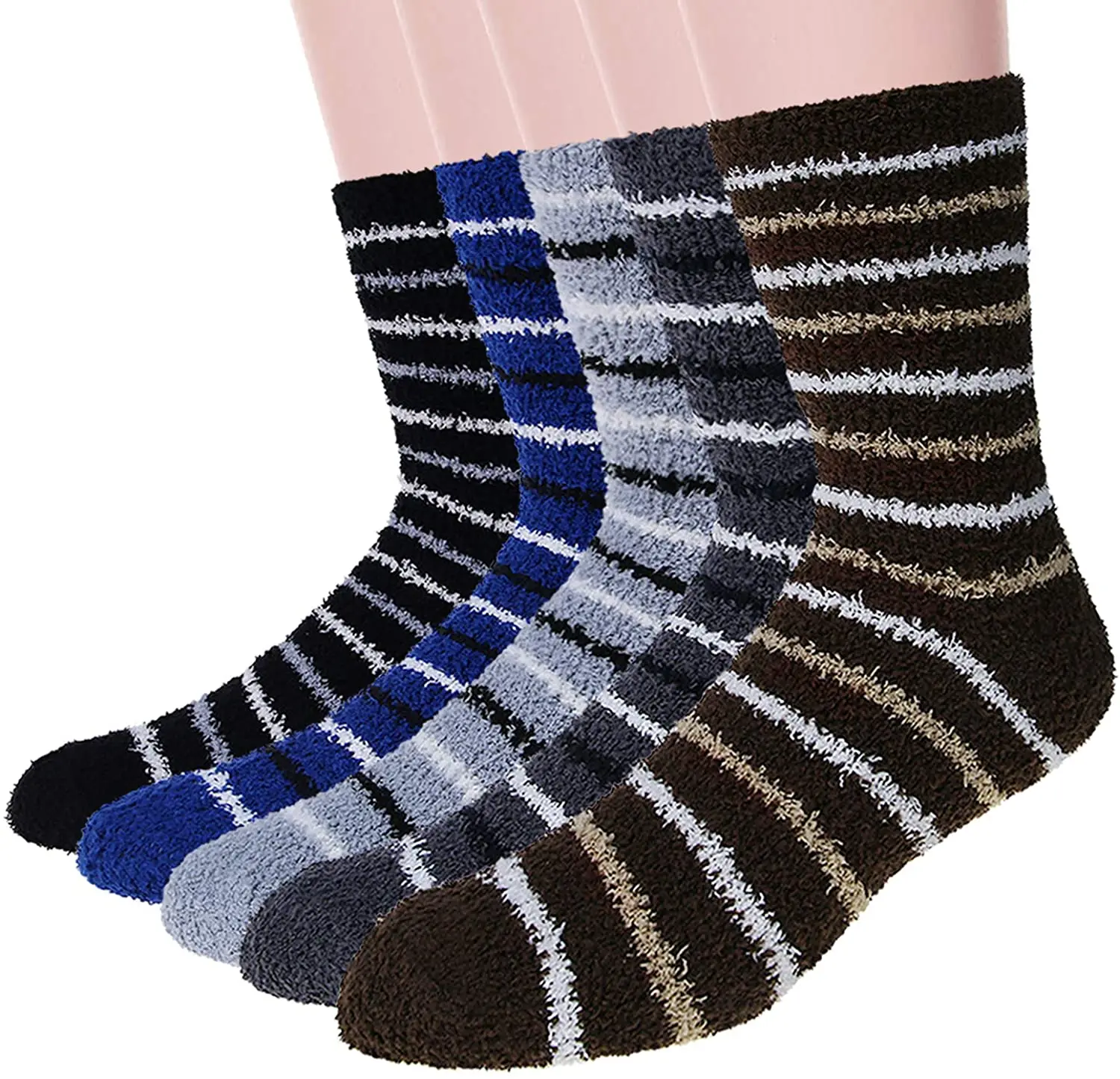 

5 Pairs Mens Winter Soft Cozy Warm Fuzzy Socks - Solid Color and Stripe Color