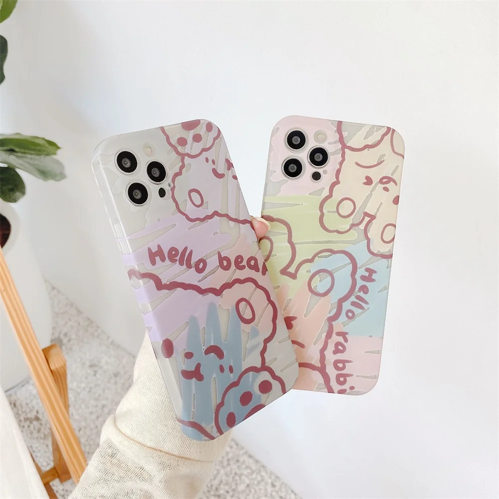 

Cute Bear Cartoon Graffiti Phone Cases For iPhone 12 Mini 13 11 Pro Max Soft IMD Back Cover For Coque iphone XR X XS 7 8 Plus