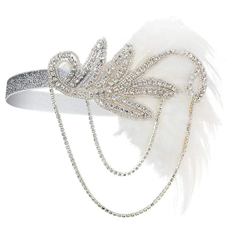 White Headband Женский Большой Гэтсби Хлопушка платья 1920s блесток бисером бахромой платье/аксессуары набор xs-xxl(серебро, золото - Цвет: White Headband
