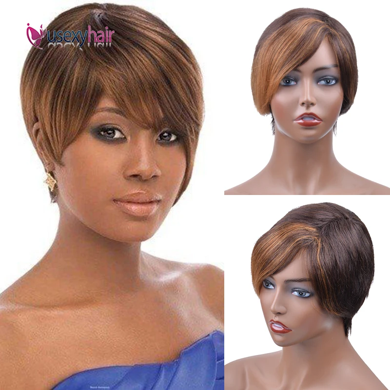 USEXY короткие парики из человеческих волос с челкой бразильские без повреждений