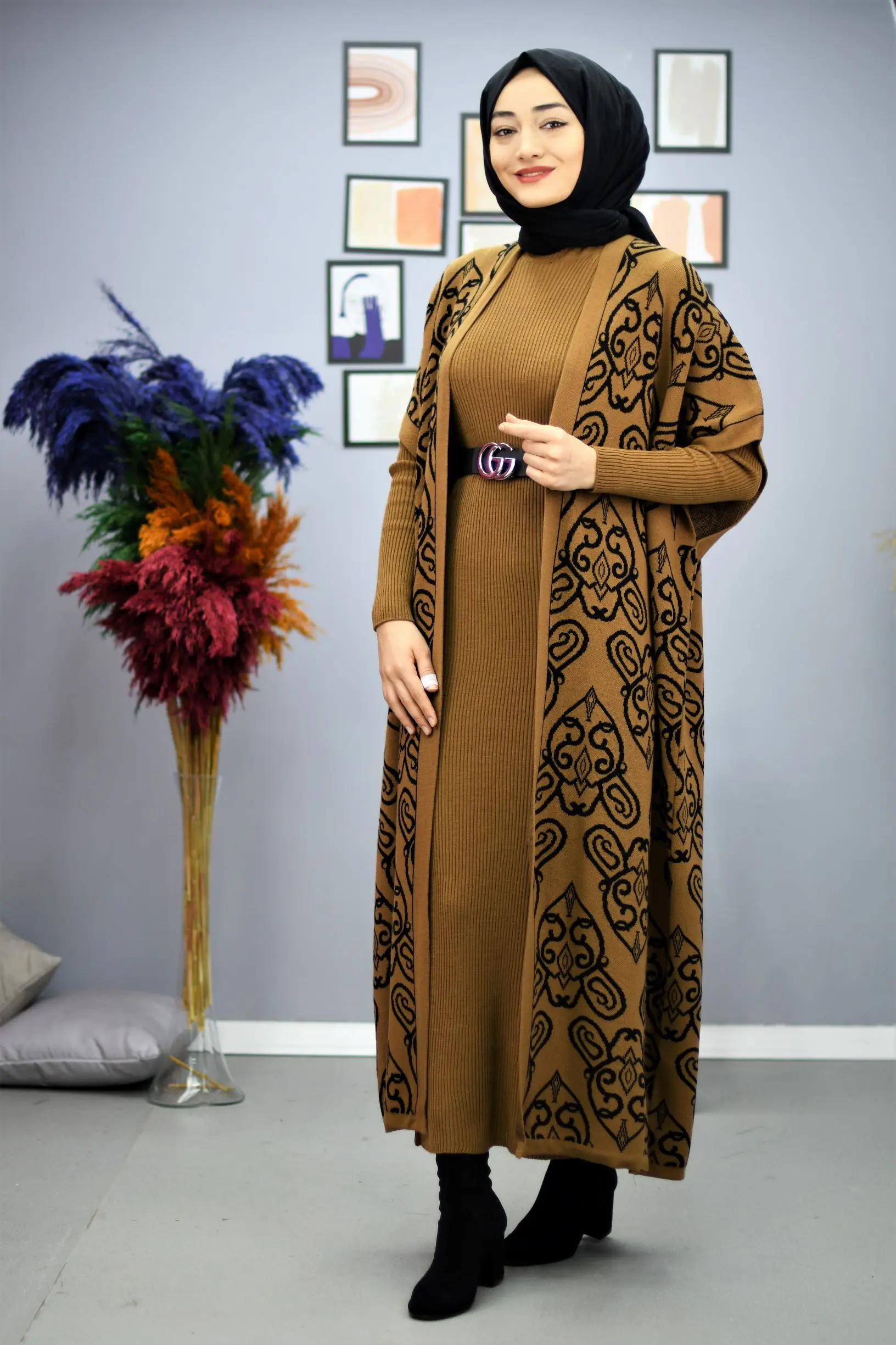 

2 Pieces Patterned Womens Set, Maxi Dress and Cardigan Double Suit For Winter Islamic Fashion Muslim Clothing Turkey Dubai 2021