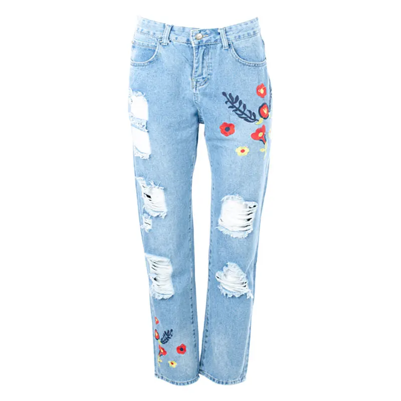 Джинсы 249031 женские средняя талия прямые рваные с вышивкой women jeans |