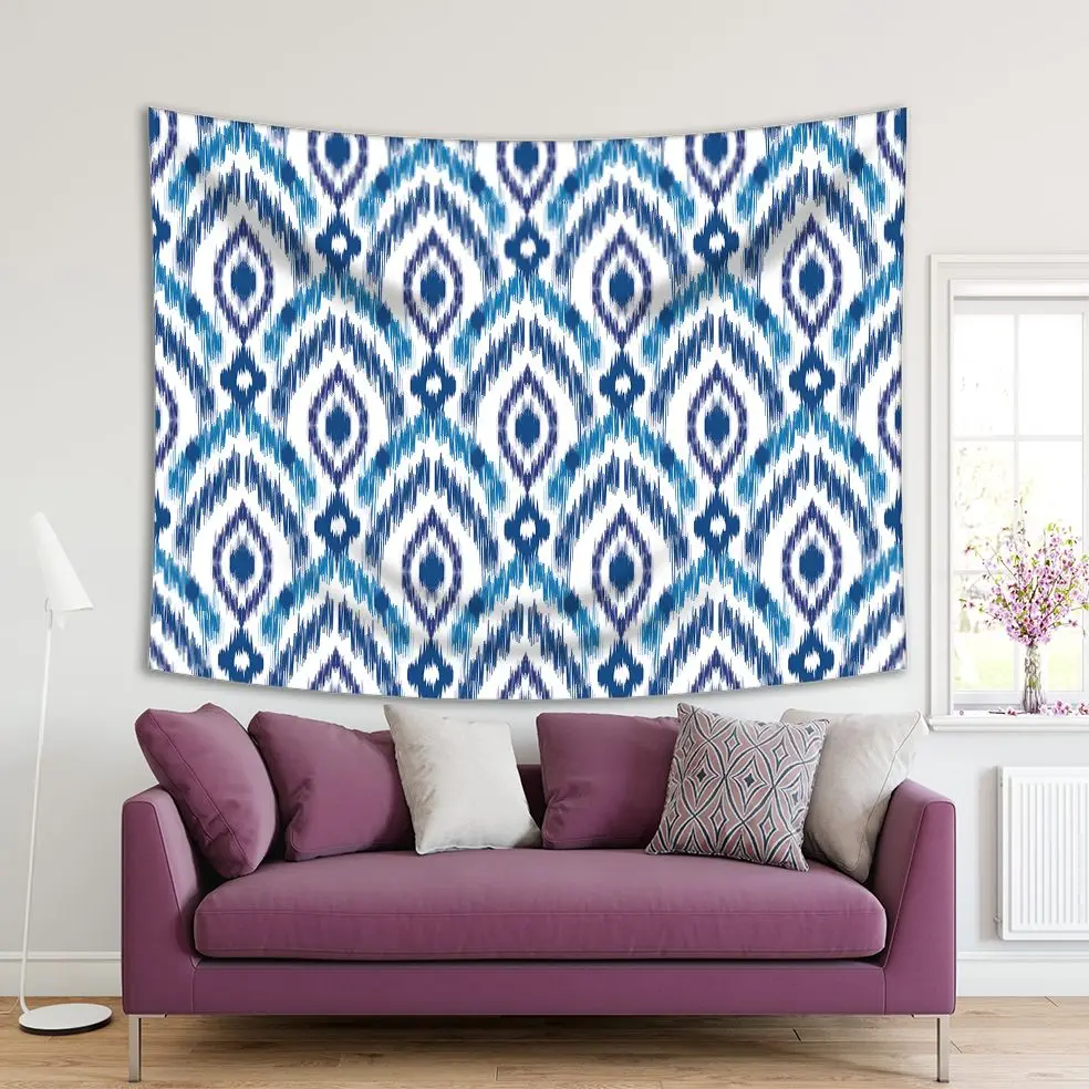 

Tapestry Tribal Artistic Ikat Design Ogee Pattern in Blue and White Eastern Traditional Decor