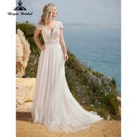 sexy a line wedding dresses 2022 bridal gowns short cap sleeve brush train backless v neck netting floor length appliques lace