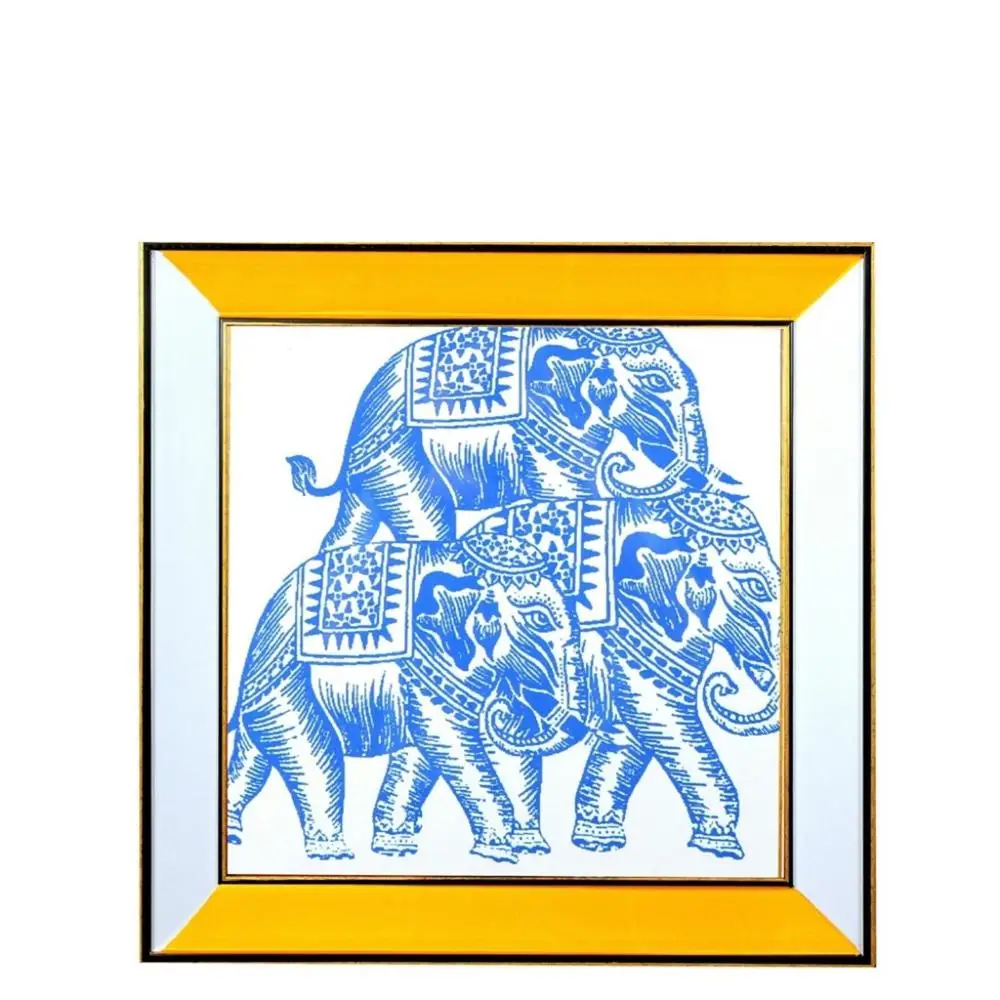 

Canvas Painting Glazed Acrylic Metallic Frame Blue Elephant Family