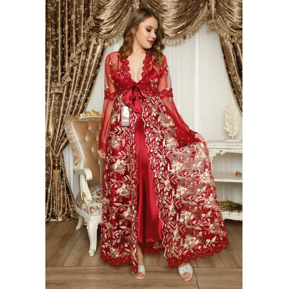 

Women's Nightgown Negligee Suit Red Long Lace Satin Soft Quality Fashion Underwear Wedding Dowry Wear Comfortable In Bed At Home