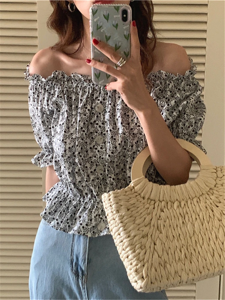 Женская блузка с цветочным принтом элегантная винтажная вырезом лодочкой