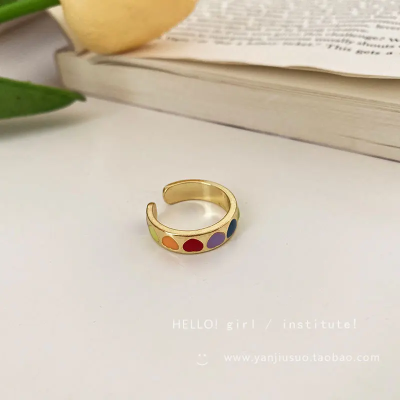 

2021 Vintage Bohemia Colorful Enamel Love Heart Ring Cute Simple Metal Gold Silver Color Rings for Women Punk Rock Jewelry
