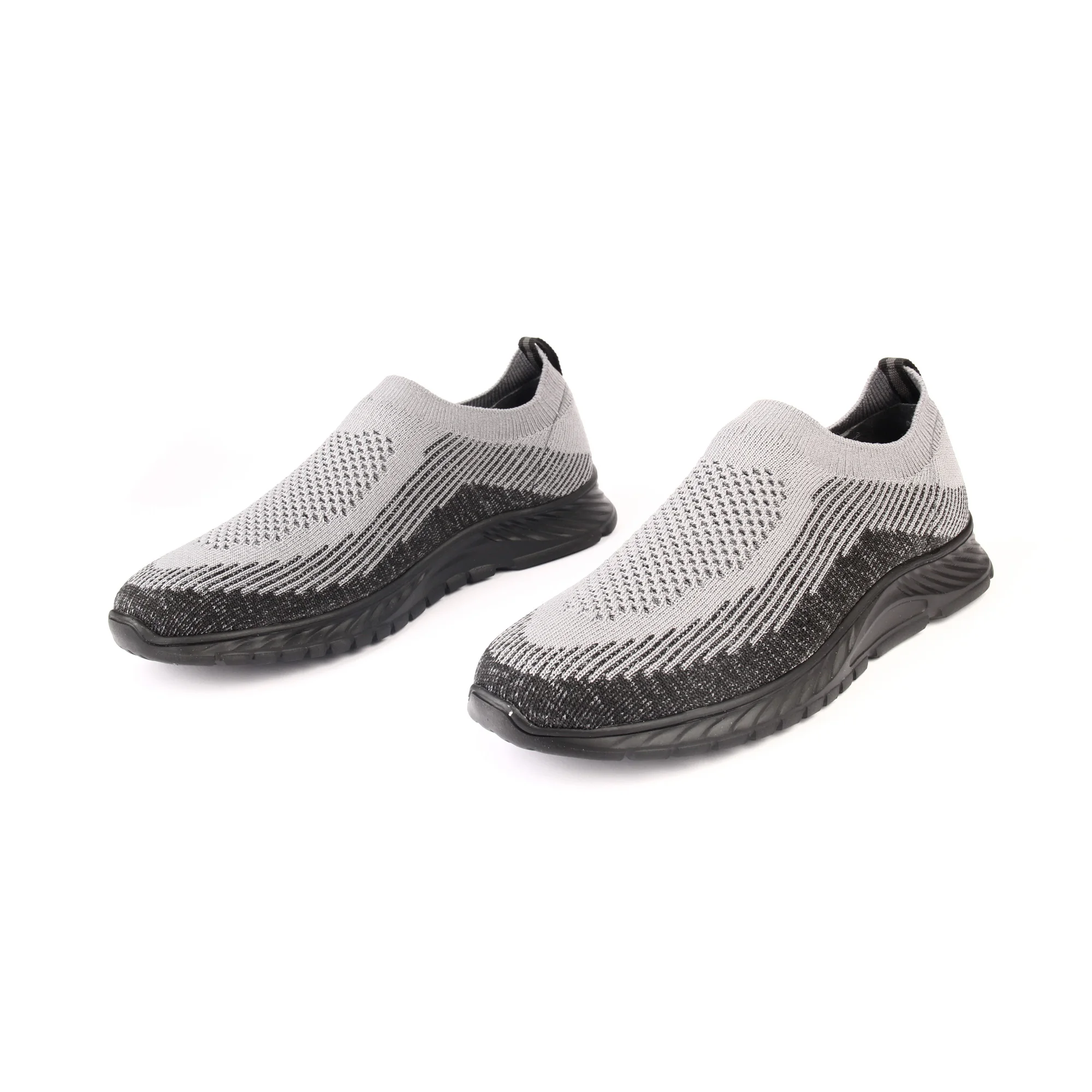 Lightweight Black Gray Slip On Laceless Sport Sneakers, Men's Comfort Casual Running Shoes, Breathable Elastic Fabric,