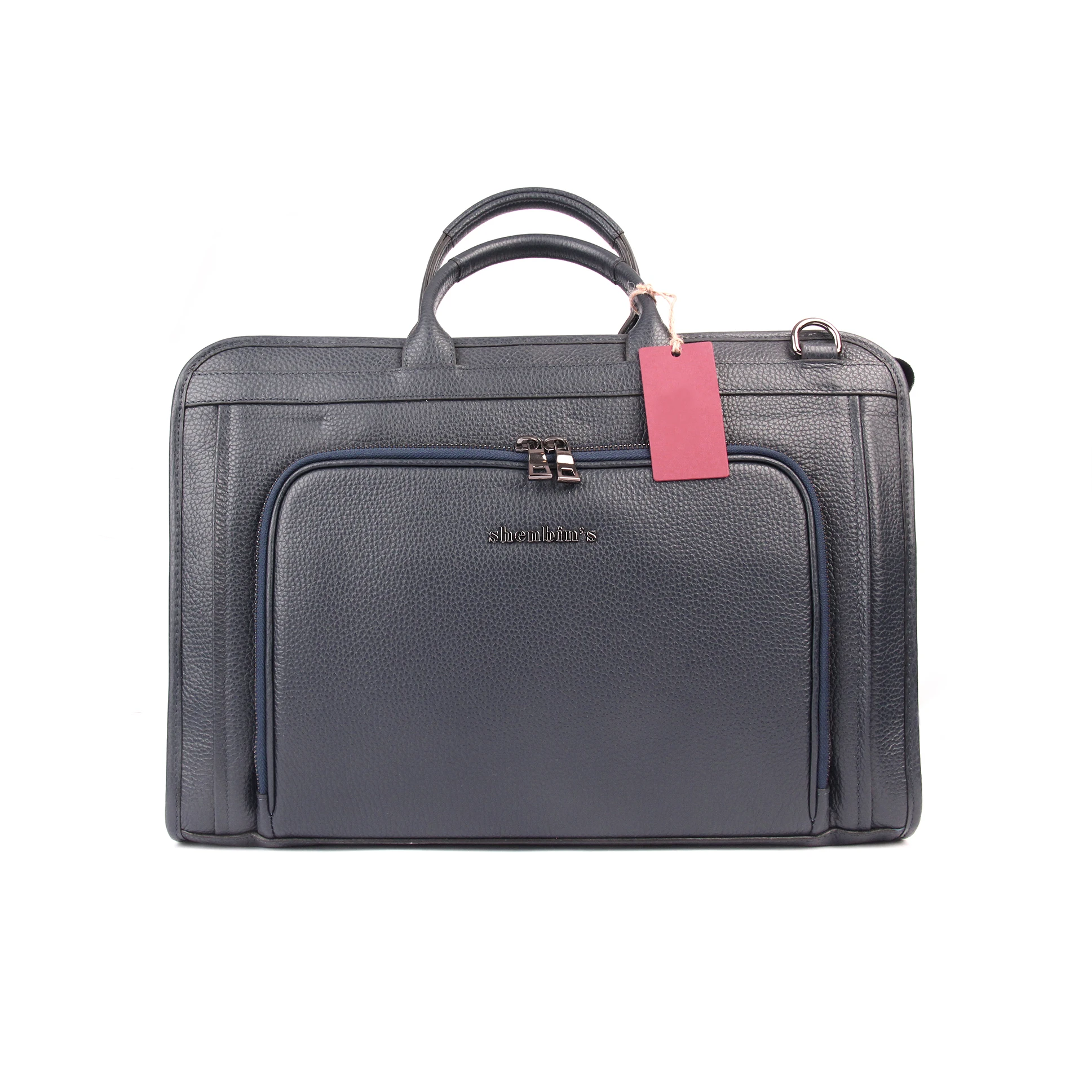 Men's Navy Blue Messenger Bag, Genuine Calf Leather, Briefcase 30x40 cm, Back Front Zipper, Business Documents Laptop Cellphone