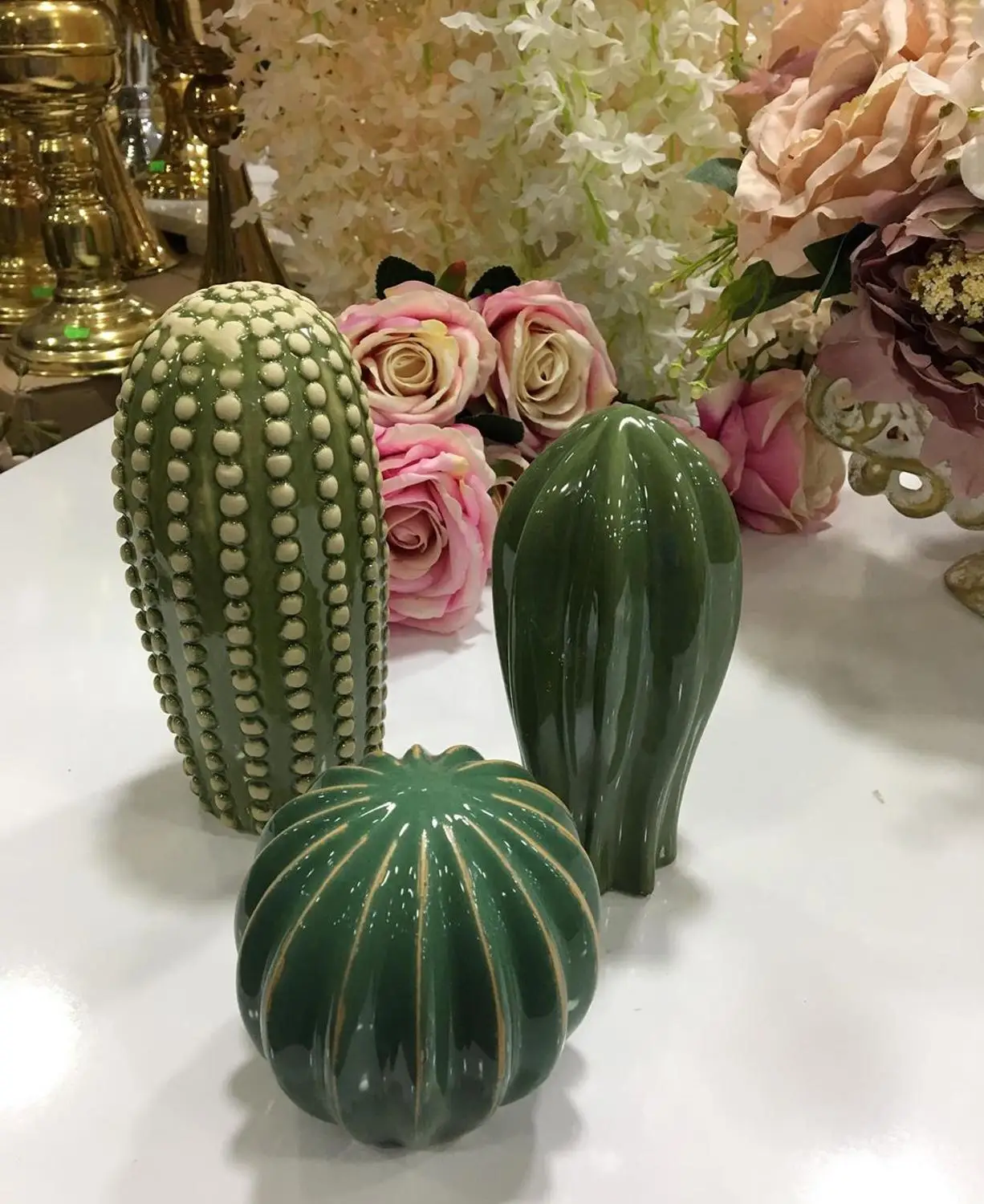 

Decorative 3 Piece Cactus Trinket Porcelain Home Decor Desktop Sculpture Plant Ornament Accessory Gift Green Miniature Figurines