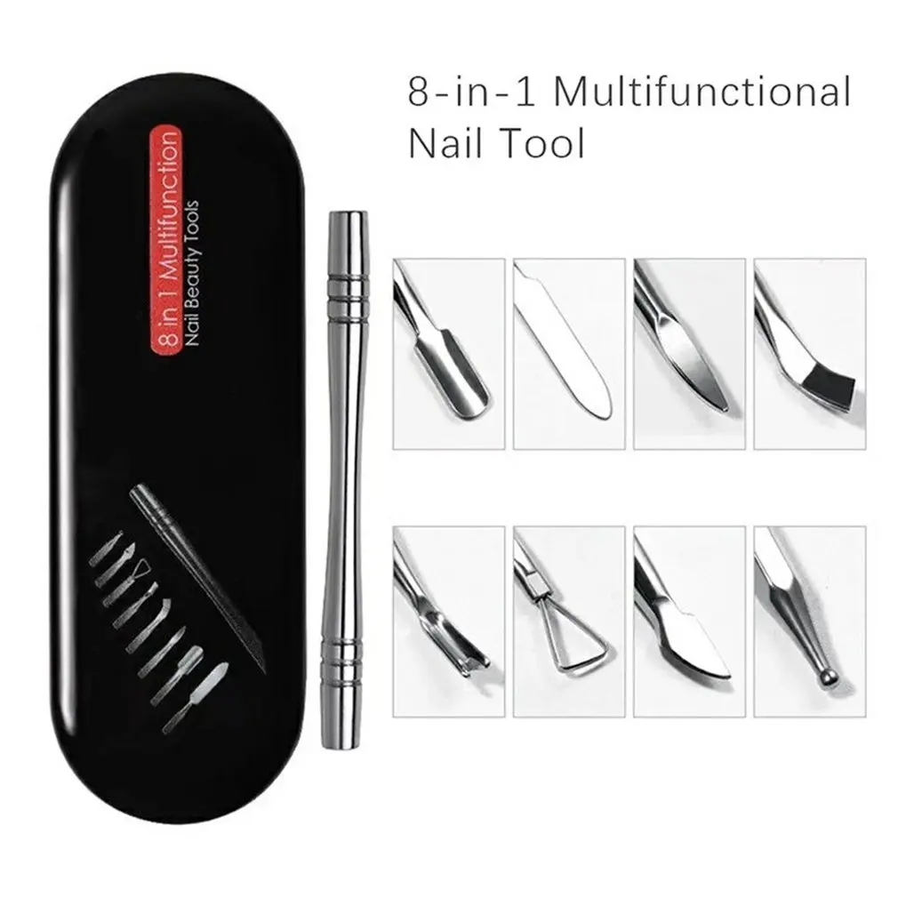 

8 In 1 Stainless Steel Multifuction Pusher Manicure Pedicure Tool Set Dead Skin Nail Polish Nail Drill HeadBit For Nail