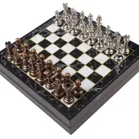 Luxury Metal Chess Set Classic Bronze Set Chrome Plated & Marble Pattern Storage Chest Midi-Large Size Chess Figures Board Game