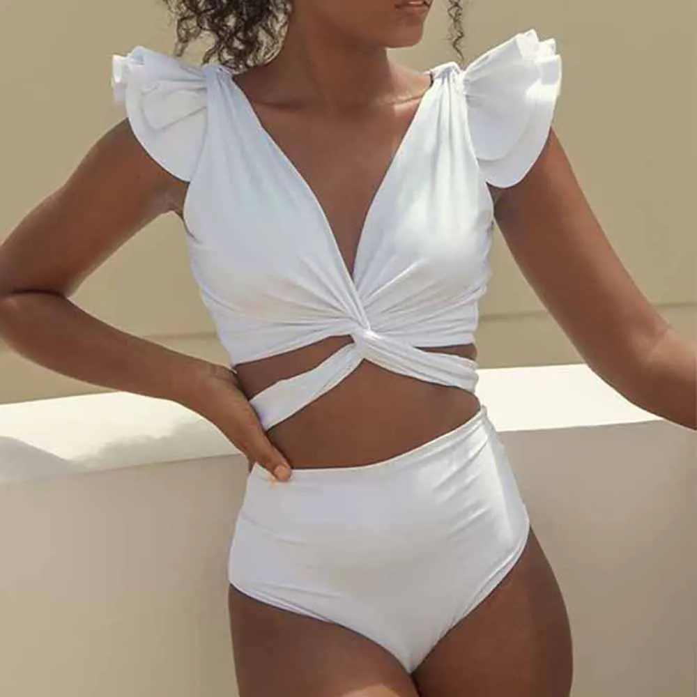 

Solid Color Deep V-Neck Ruffled Split Swimsuit Tankini Women Swimming Suits Two Pieces Plus Size Summer Beach Wear