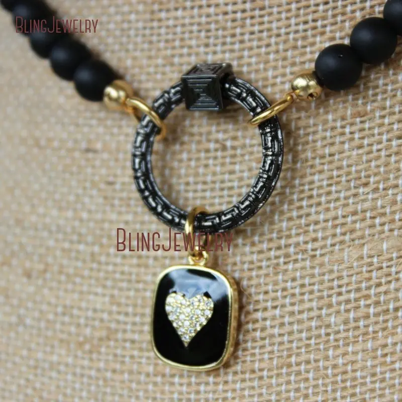 NM33842 Matte Onyxs Carabiner Choker Heart Charm Necklace Layering Necklaces Pave Lock Necklace Black Enamel Pendant