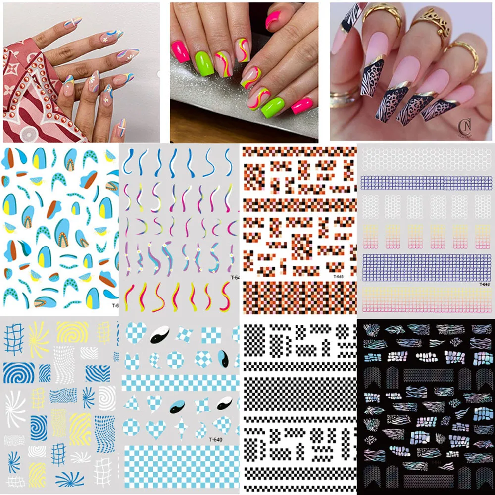 1 лист цветных клетчатых наклеек для ногтей 3D Волнистые украшения