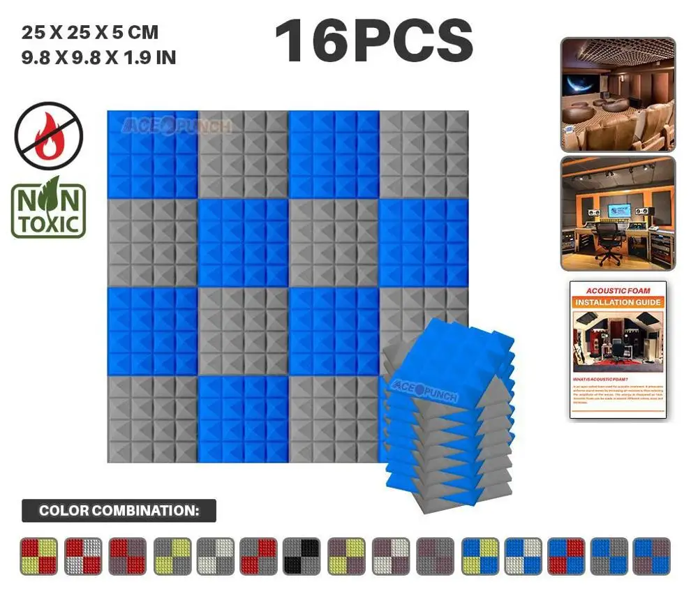 Blue and Gray Arrowzoom 16 шт. набор цветов 9," x 9,8" x 1," Пирамида плитка студия Звукопоглощающая Панель акустическая пена AZ1034 - Цвет: Blue and Gray