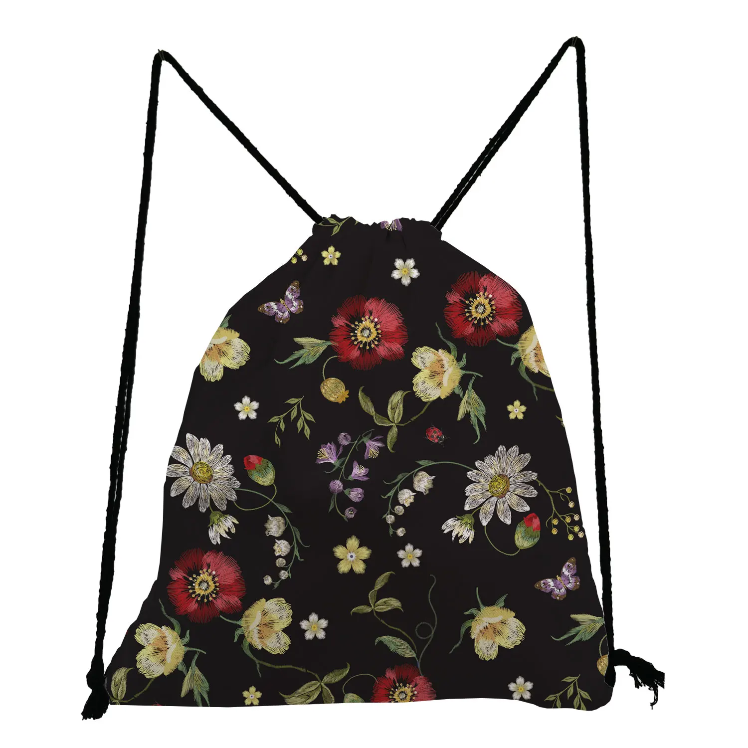 

Florals Printed Backpack Ropes Black Pretty Drawstring Bags Unisex Shoe Bag for School Casual Travel Bag Portable Storage Bag