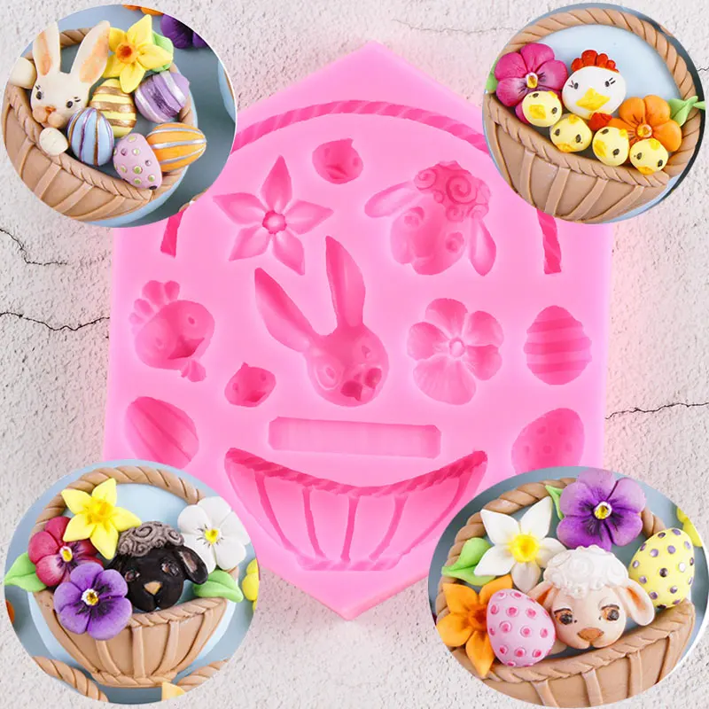 

3D силиконовая форма для цветов, корзины, утки, овцы, Пасхальный кролик, яйцо, животные, конфеты, формы для шоколада, глина, форма для смолы
