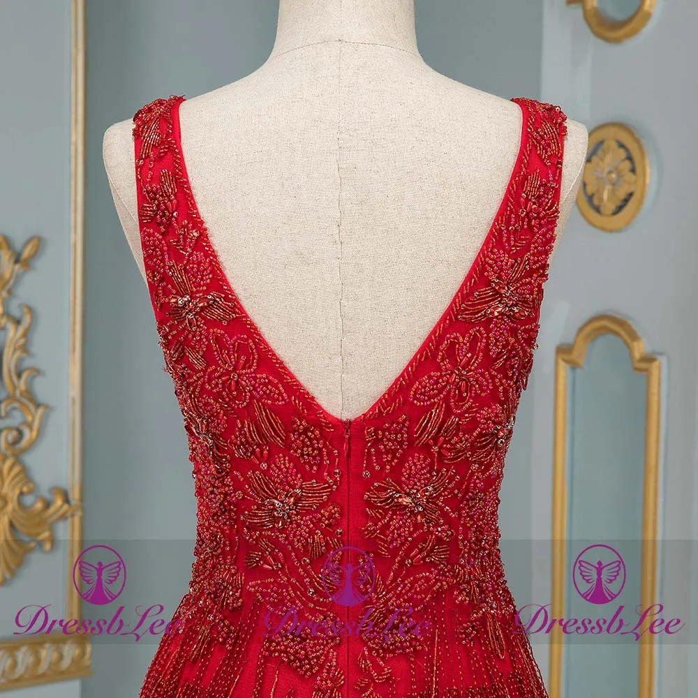 DressbLee 2020 Fashion Red Long Crystal Prom Dress Sleeveless Fringed Pageant Dress Robe de Soiree