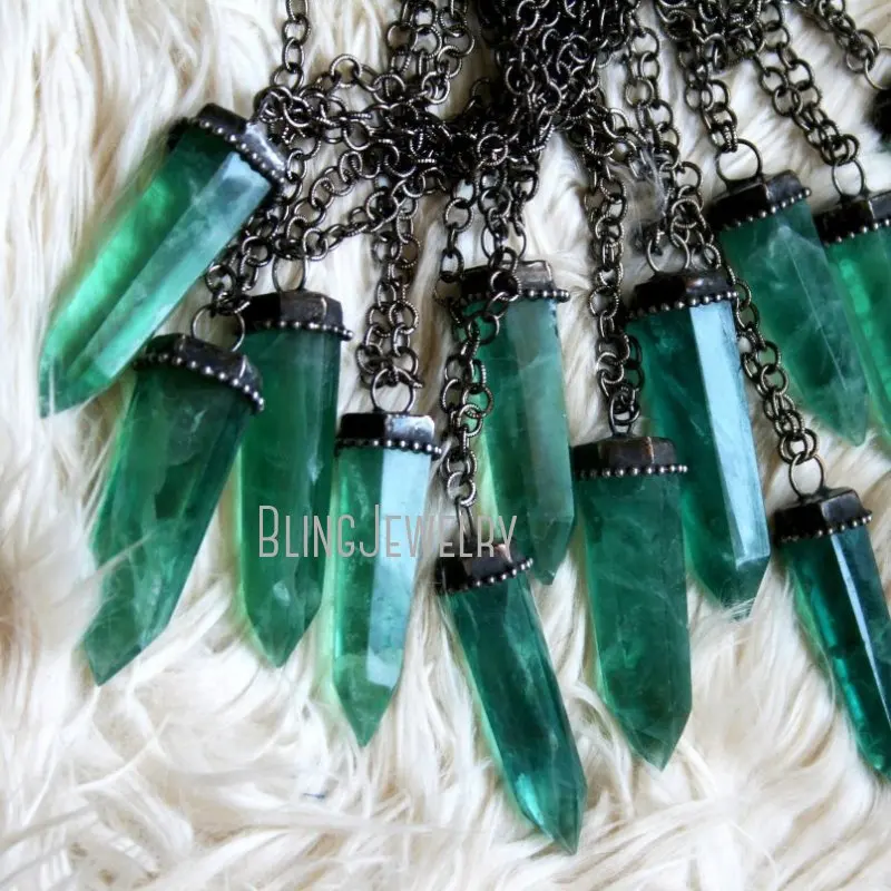 NM40575 Fluorite Crystal Tower Necklace Sea Green Crystal Point Talisman Box Chain Necklace Gemstone Pendulum Obelisk Necklace