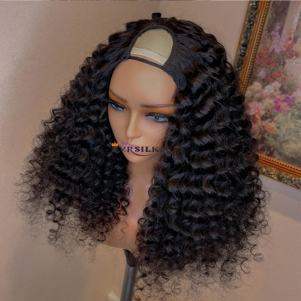

U Part Wig Human Hair No Leave Out Brazilian Deep Curly 100% Human Hair Wigs for WomenV Part Wigs Glueless Virgin 250% Density