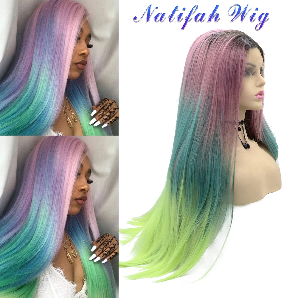 Lace Front Wigs for Women Rainbow Colour Synthetic Lolita Hair Wigs Long Water Wave Straight Lace Wig Heat Resistant Women's Wig