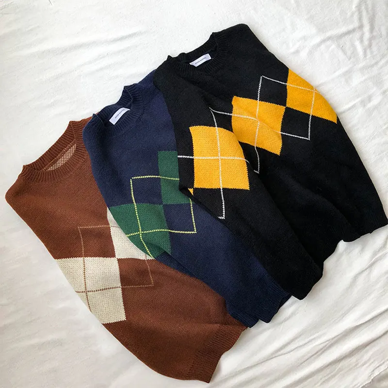 

2020 Korean College Style Autumn Winter Geometric Pattern Argyle Pullovers Loose Oversized O-Neck Knitted Sweaters Woman Jumper