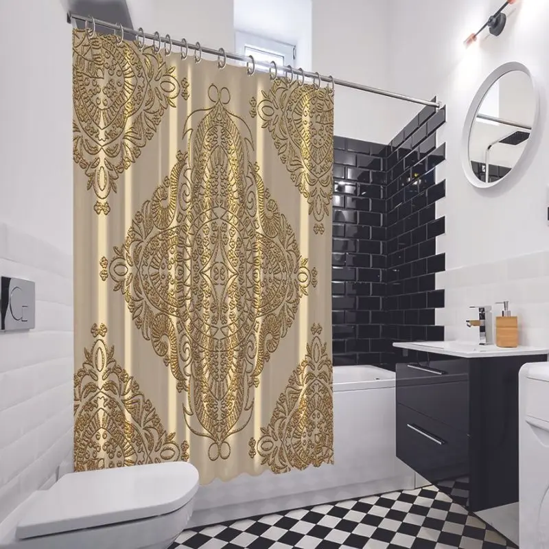 Занавеска для душа декоративная Мандала золотой орнамент цветочный узор на