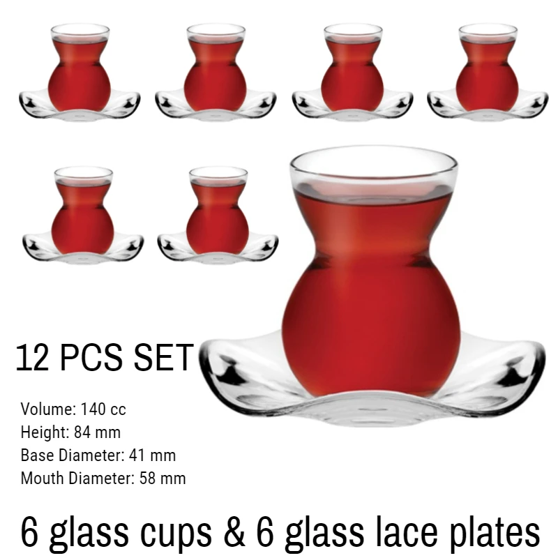 

New ! Stylish Tea Glass Cups With Plate Lace Design Handmade Paabahe 12 Piece Set For 6 Person Tea Sets Fast Ship From Turkey