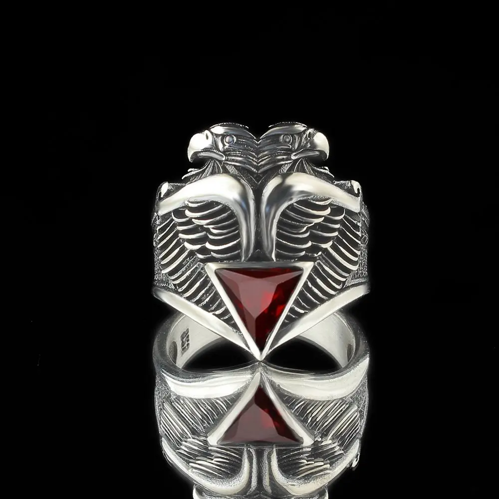 

Женское серебряное турецкое ювелирное изделие ручной работы, мужское кольцо с двумя головками орла и красного рубина, все размеры