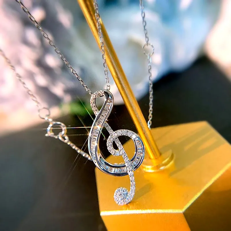 

New Exquisite Shiny Zircon Necklace Musical Note Pendant Silver Color Clavicle Chain Necklace Fashion Party Wedding Jewelry Gift