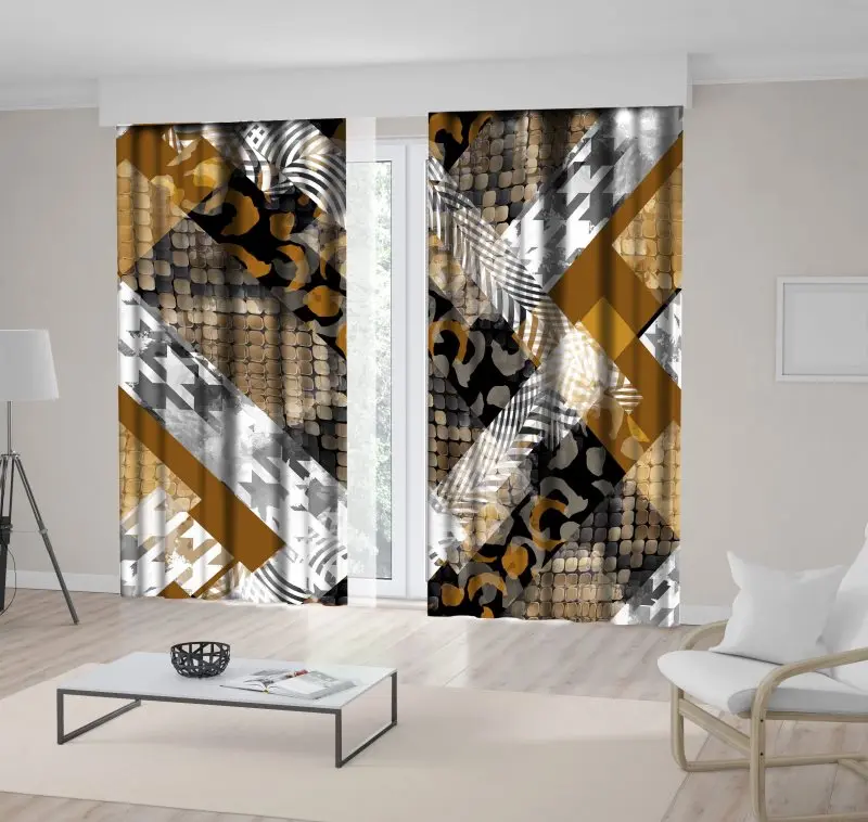 

Curtain Snakeskin Leopard Animal Prints in Geometric Pattern Patchwork Style Artwork Mustard Black White