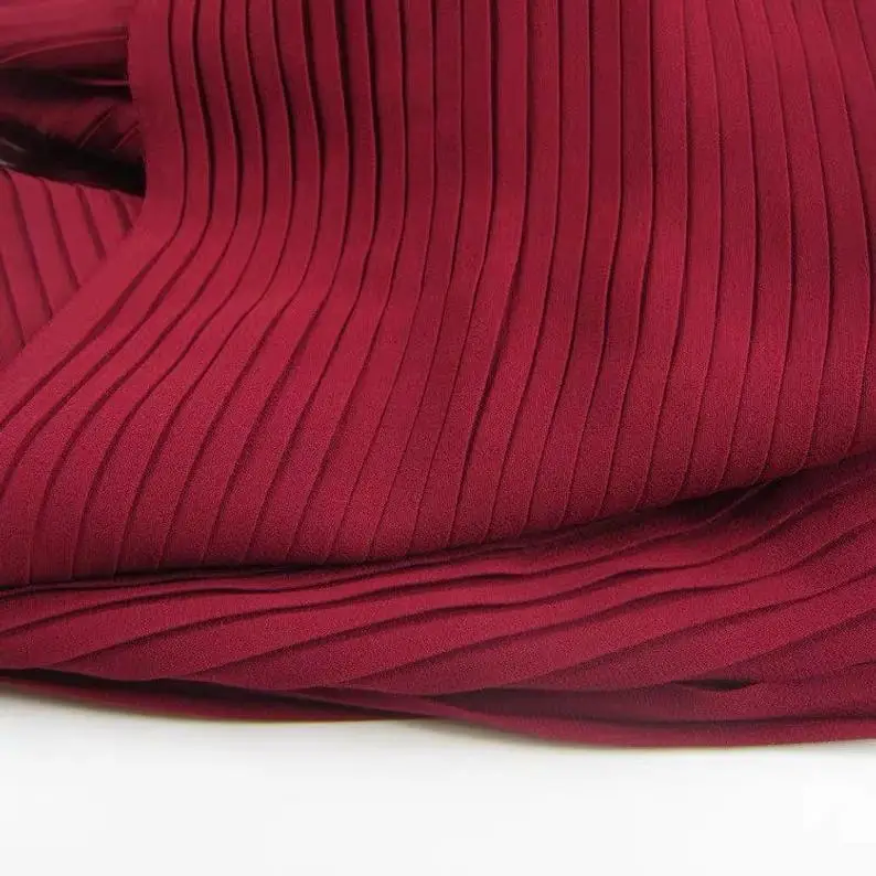 

2 yards Wine Red Accordion Pleated Fabric Creased Chiffon Fabric For Dress