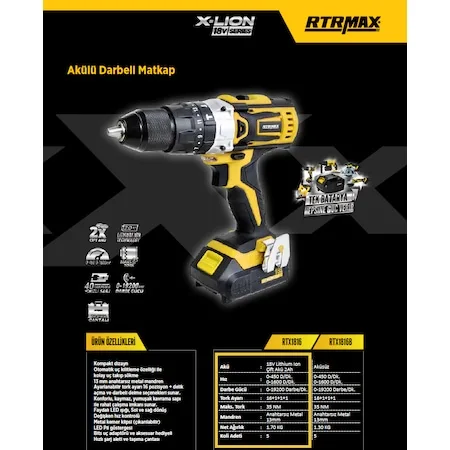 Matkap Darbeli Akülü 18 V 2Ah (Çift ak351) RTX1816 | Инструменты