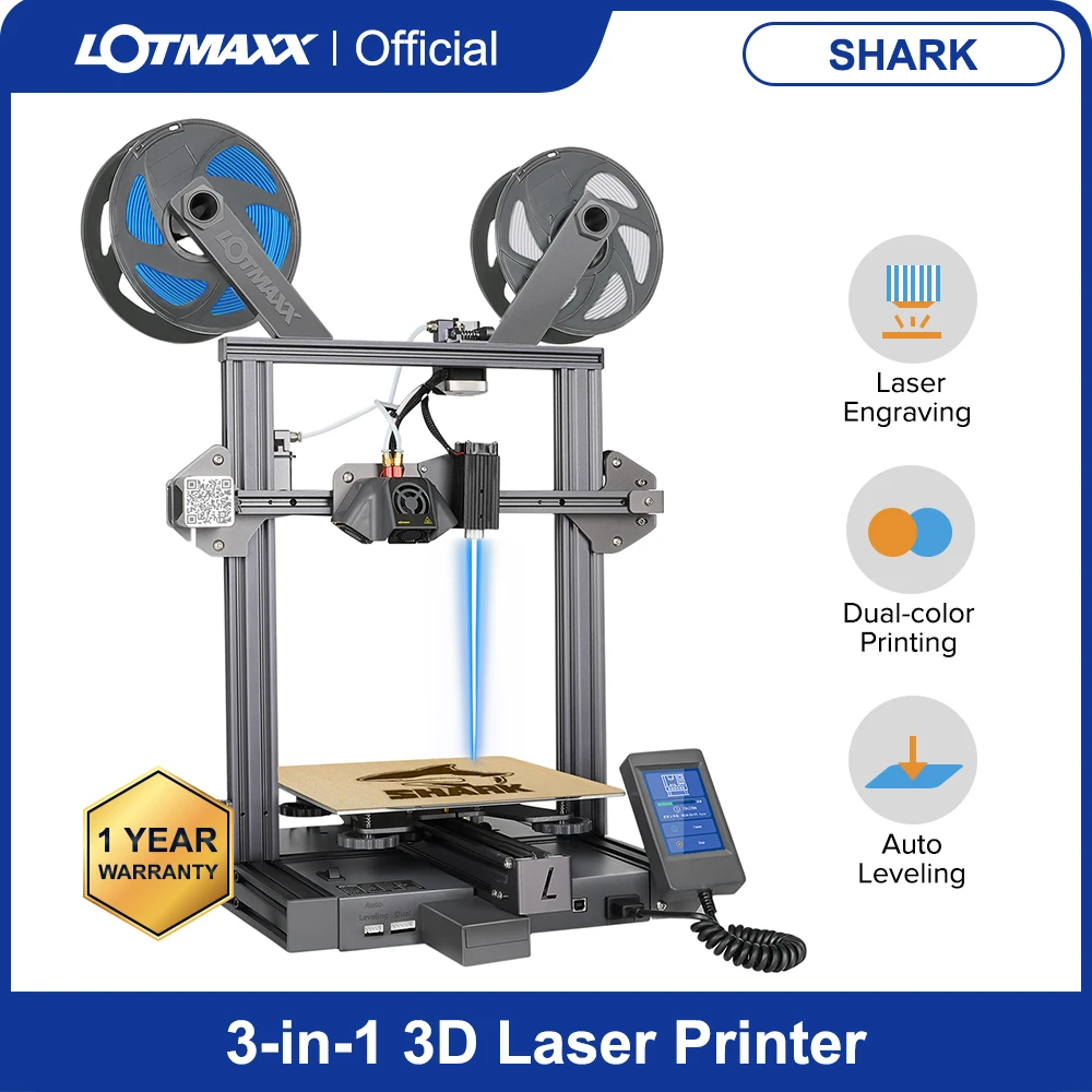 

LOTMAXX Shark 3D Printer with Laser Engraving & Bi-Color Printing Auto-leveling 3 in1, 95% Preassembled Metal 3D Printer Machine