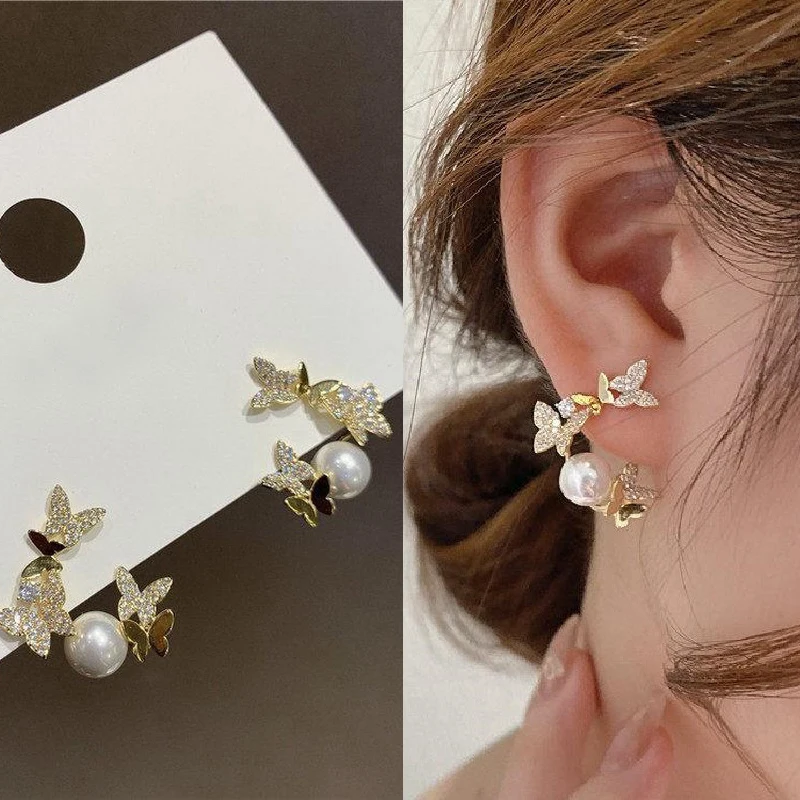 

2022 New Korean Elegant Cute Pearl Hoop Earrings for Women Kpop Trendy Butterfly Flower Zircon Pearl Stud Earrings Party Jewelry