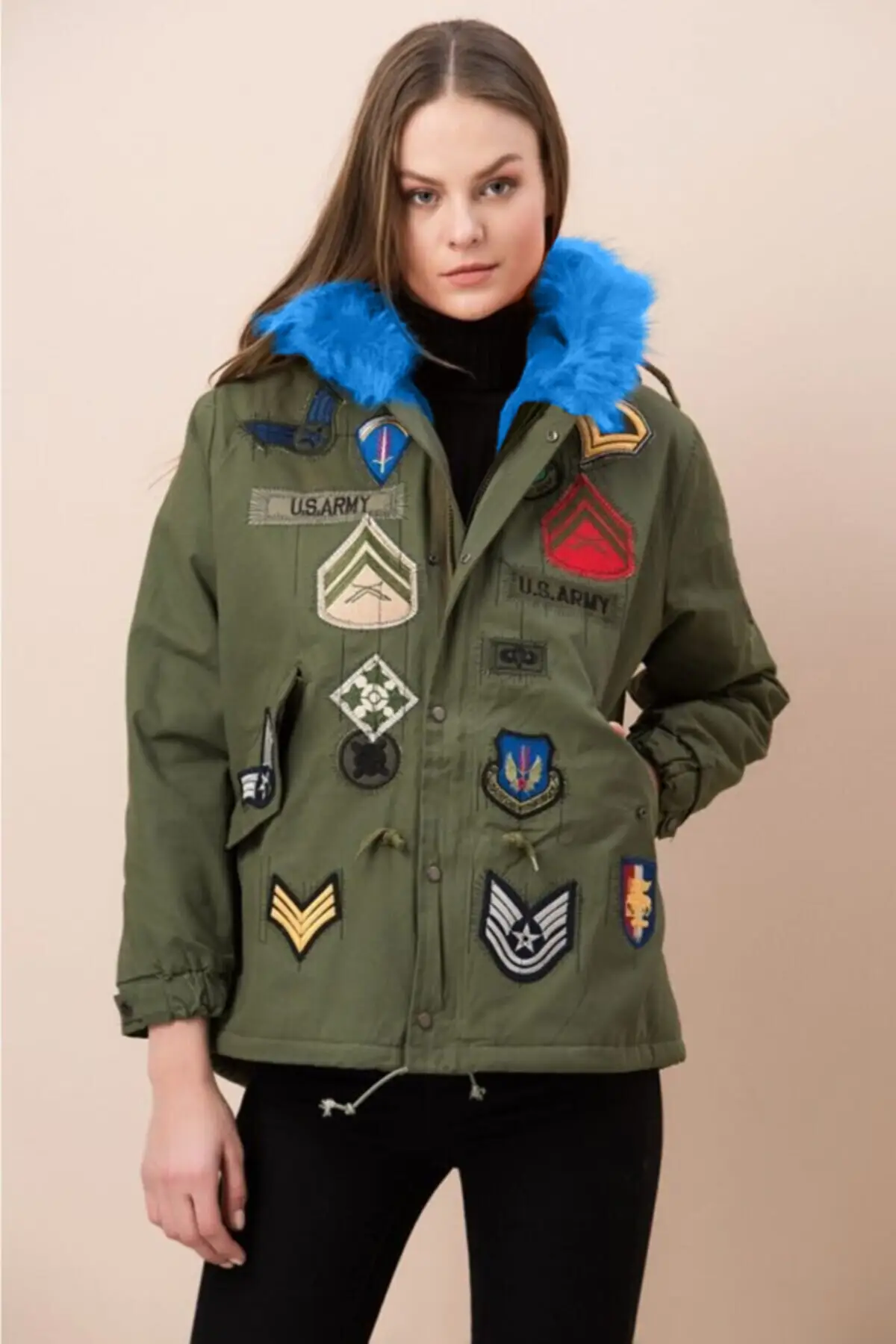 Furry plush military coat IN ATTRACTIVE PINK BLUE COLORS