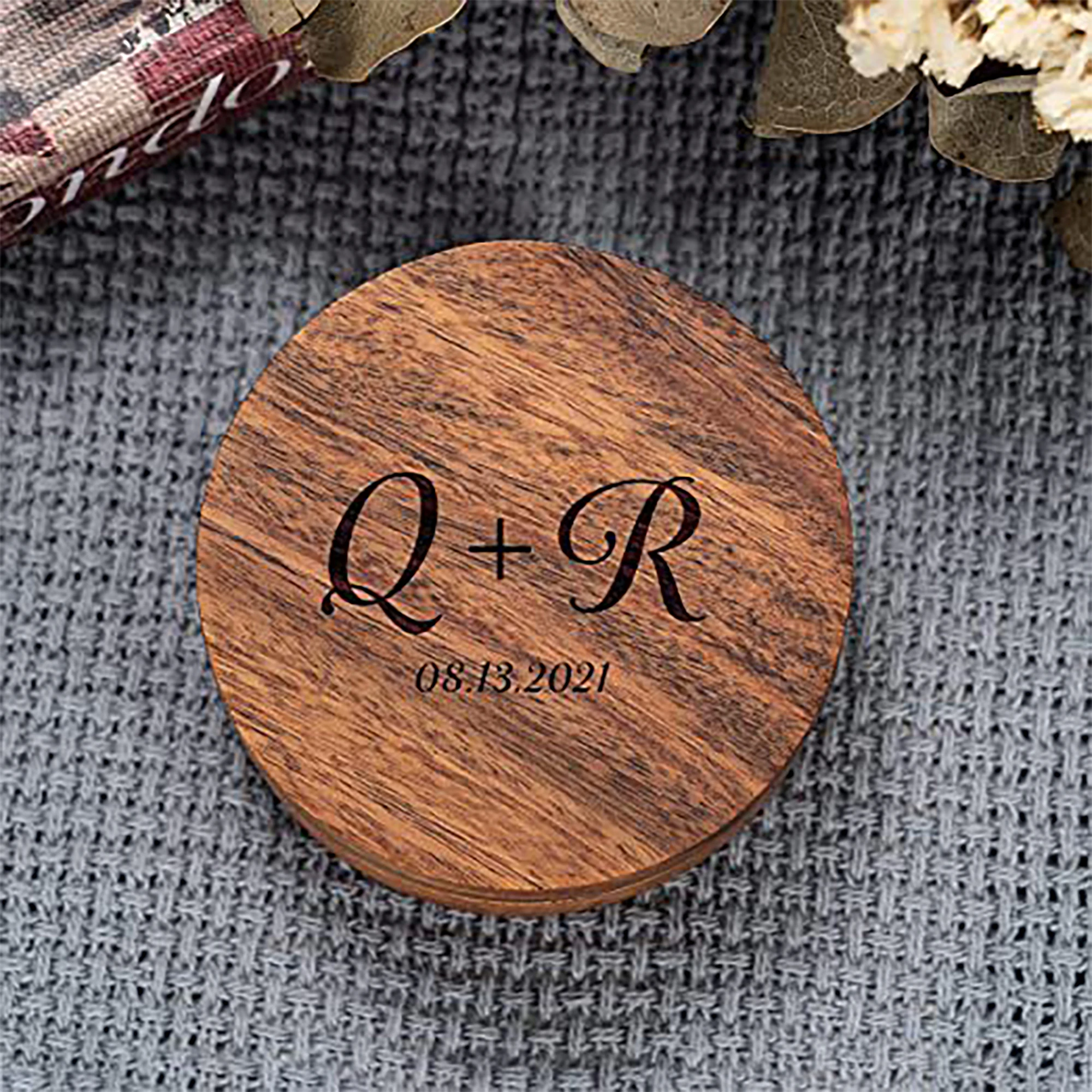 Personalised Round Wooden Jewellery Box for Couple Custom Name With Date Ring Holder Wedding Proposal Ring Bearer Rustic Gifts